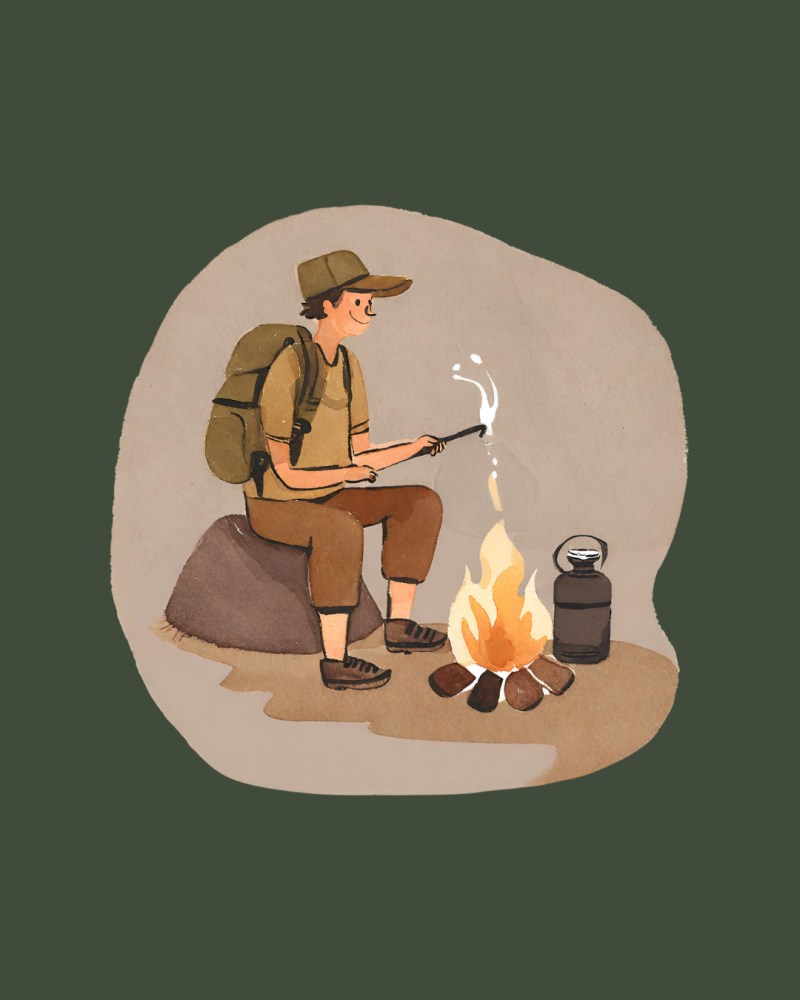 Aventurier en situation de survie, assis sur une pierre devant un feu de camps. 